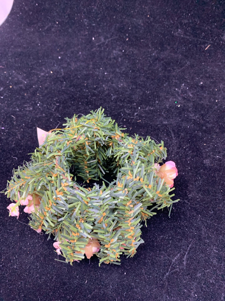 MINI PINK ROSES CHRISTMAS WREATH/CANDLE WRAP.