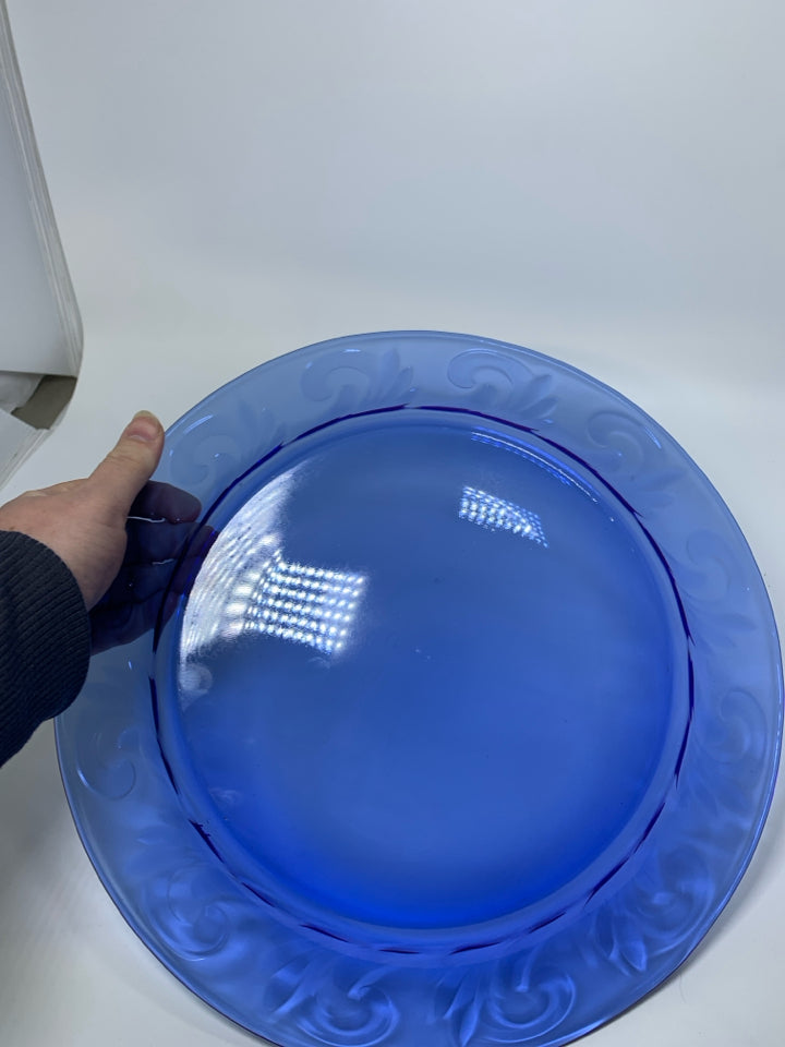COBALT BLUE GLASS PLATTER W/ EMBOSSED SWIRL EDGE.