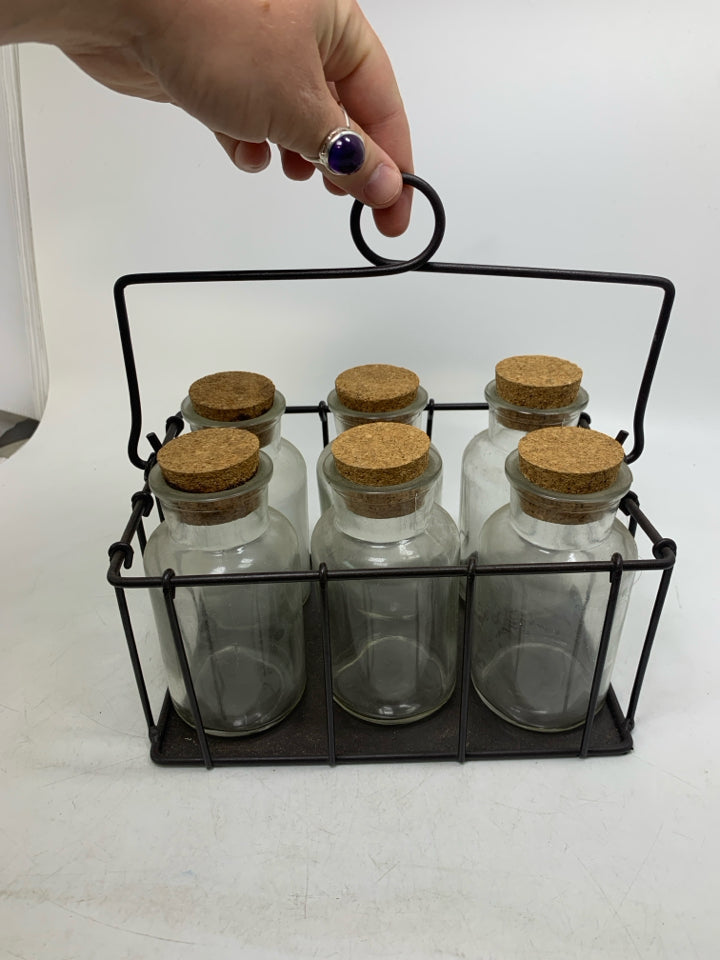 6 GLASS BOTTLE IN METAL CRATE W/ HANDLE.