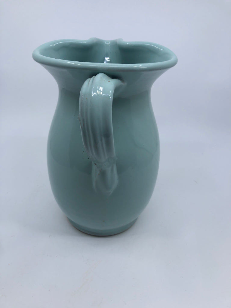 PALE BLUE TERRA COTTA PITCHER W ICE LIP.
