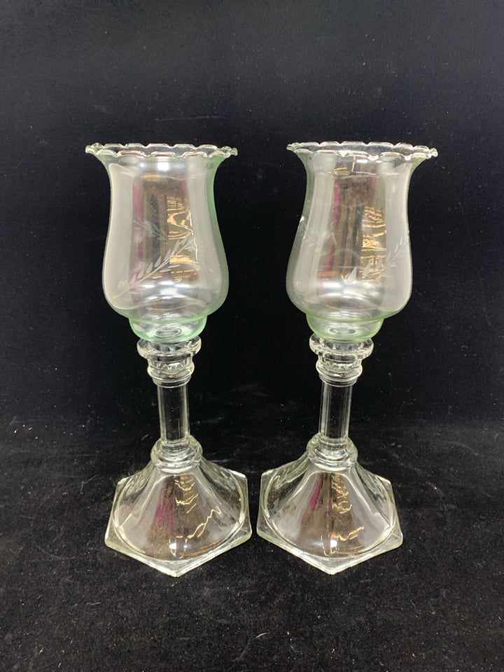 2 HURRICANE GLASS CANDLE HOLDERS W/ETCHED LEAVES.