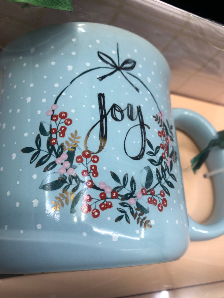 NIB BLUE JOY MUG W/ SNOWFLAKE ORNAMENT.