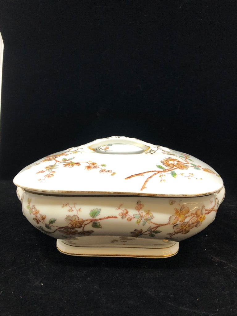 VTG LIMOGES COVERED DISH W/HANDLES- T&V MARGUERITE BROWN BLOSSOM.