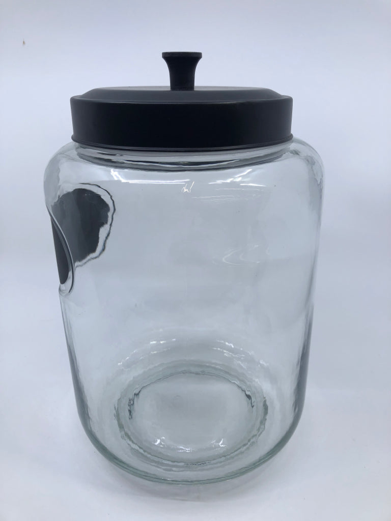 LARGE GLASS CANISTER W/ CHALKBOARD LABEL BLACK TOP.