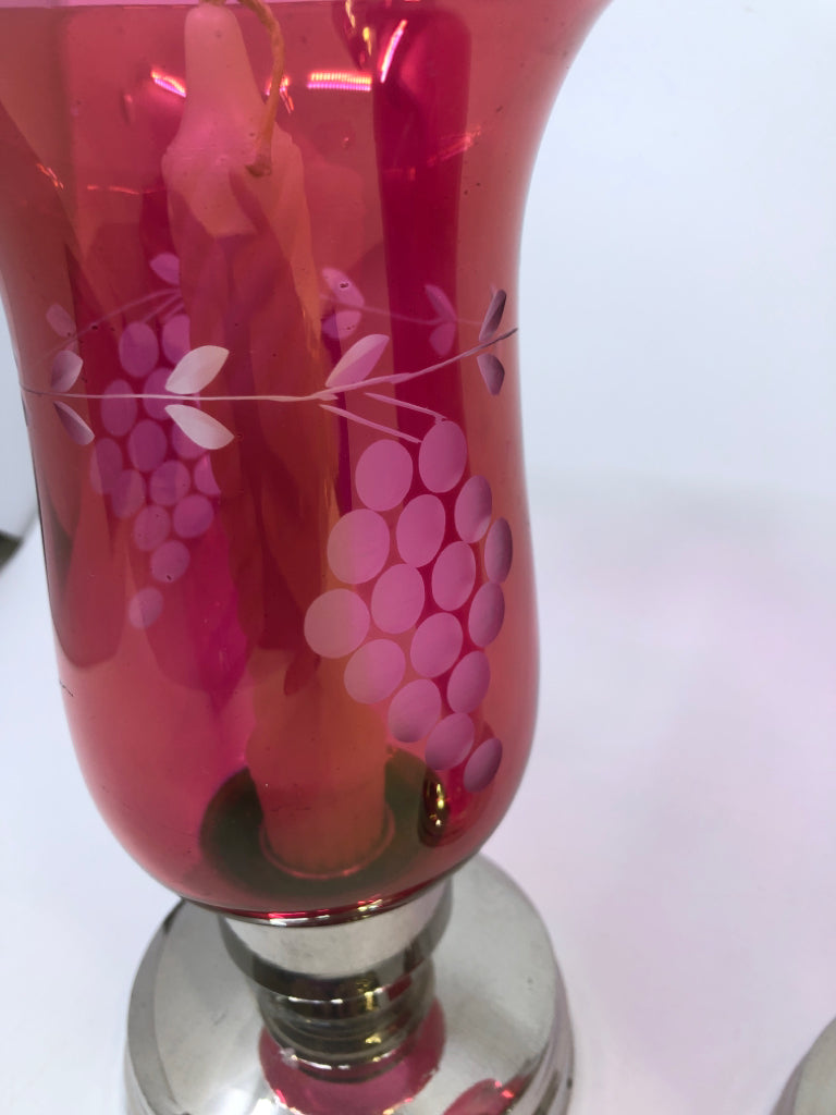 2PC PINK GLASS W/EMBOSSED GRAPES TAPER HOLDERS.
