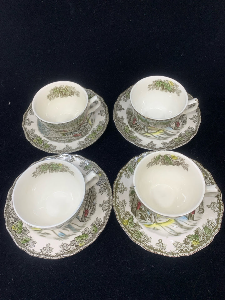 8 PC SVC 4 VTG RED BARN SCENE TEA CUPS JOHNSON BROS.
