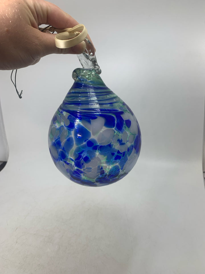 GREEN BLUE WHITE BLOWN GLASS HANGING TEAR DROP ORB.