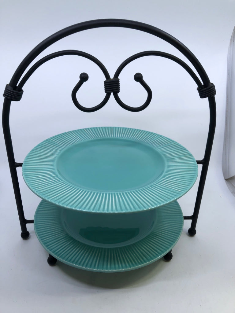 2 TIER BLACK IRON SERVING TRAY 2 TEAL PLATES.