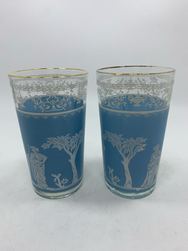 2 VTG BLUE FROSTED GLASSES W/GREEK SCENE AND GOLD RIM.