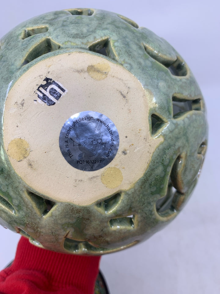 LIGHT GREEN CERAMIC PIERCED SPHERE LANTERN TEA LIGHT.