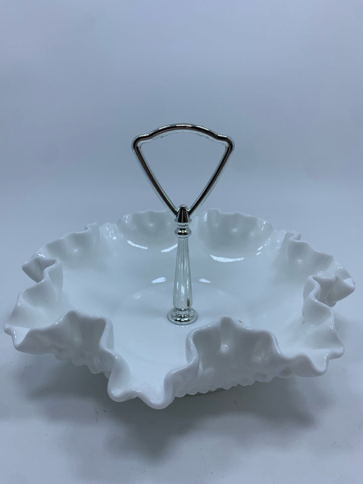 VTG FENTON MILK GLASS HOBNAIL RUFFLED EDGE CANDY DISH W/SILVER HANDLE.