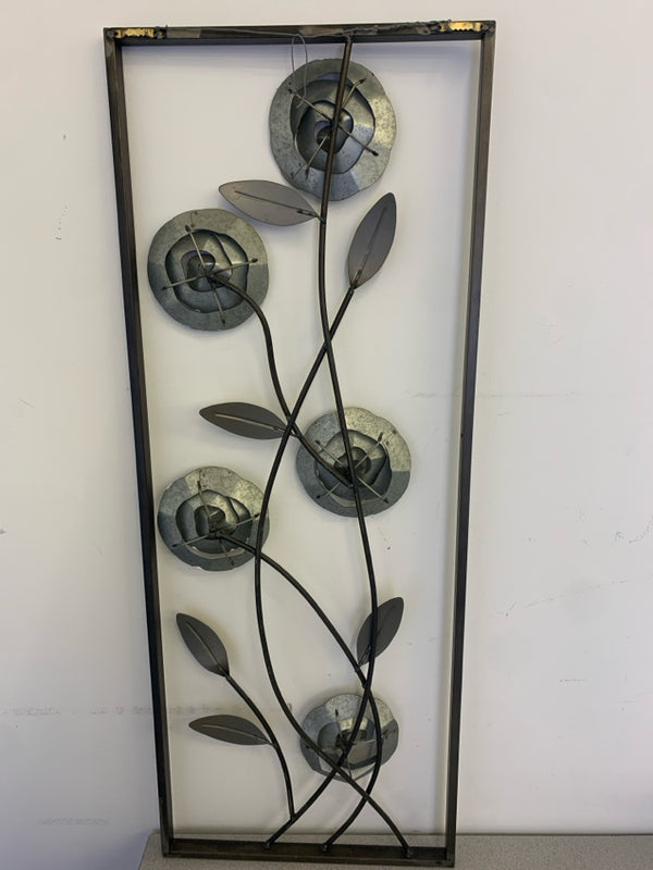 DISTRESSED METAL BLUE AND WHITE METAL WALL HANGING.