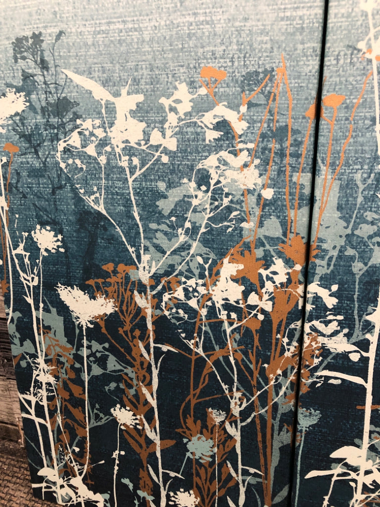3PC TEAL CANVAS W/TAN AND GOLD WILDFLOWERS.