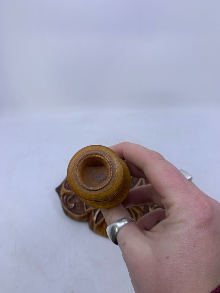 WOOD CARVED TAPERED CANDLE HOLDER.