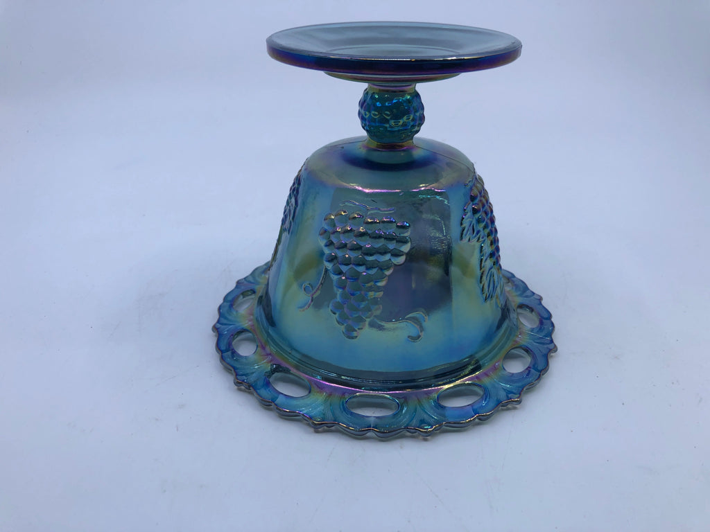 VTG BLUE IRIDESCENT FOOTED CANDY DISH W EMBOSSED GRAPES.