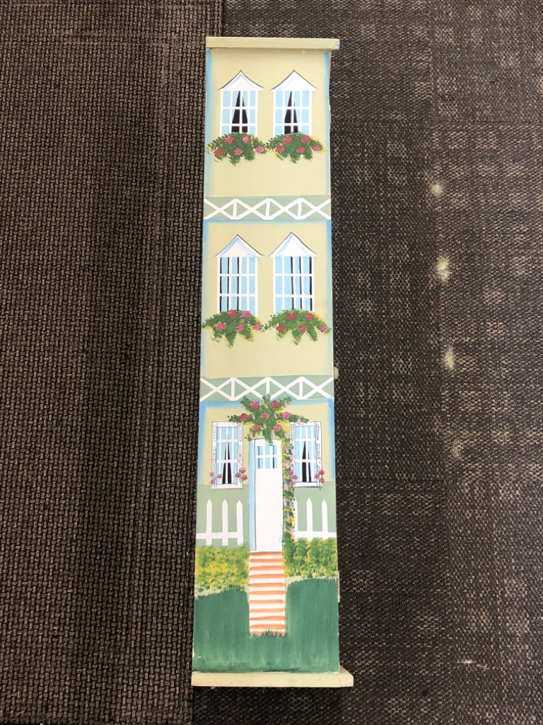 TALL WOODEN HOUSE BOOKSHELF W/PAINTED FLORALS.