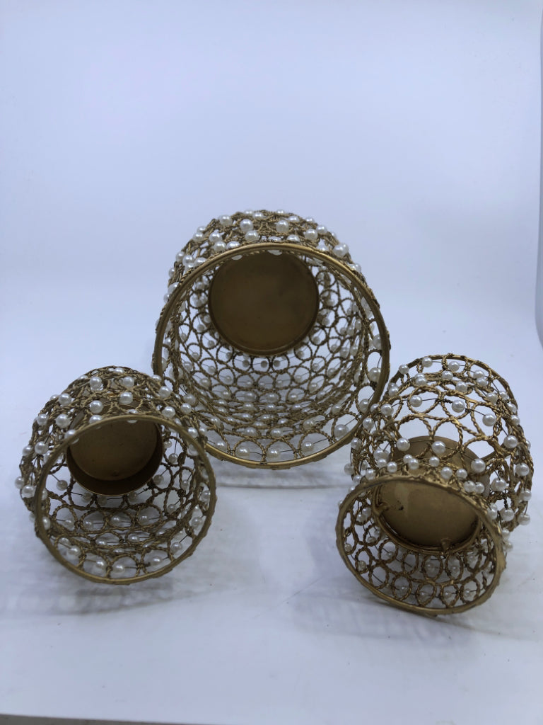 3 GOLD METAL PILLAR CANDLE HOLDERS W PEARL.