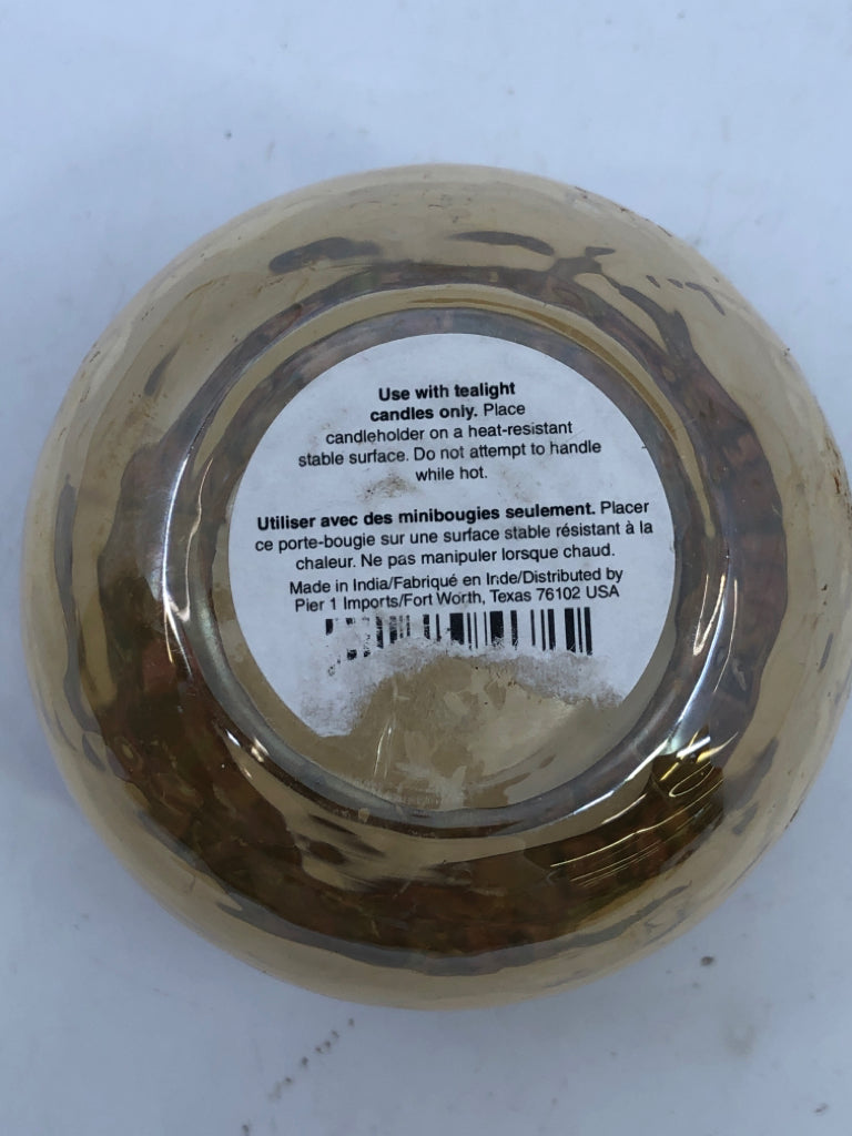 AMBER IRIDESCENT MOSAIC ROUND CANDLE HOLDER.