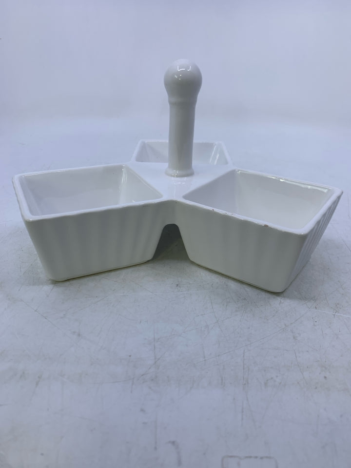WHITE CERAMIC 3 DIVIDED SERVING PIECE W/ HANDLE IN CENTER.