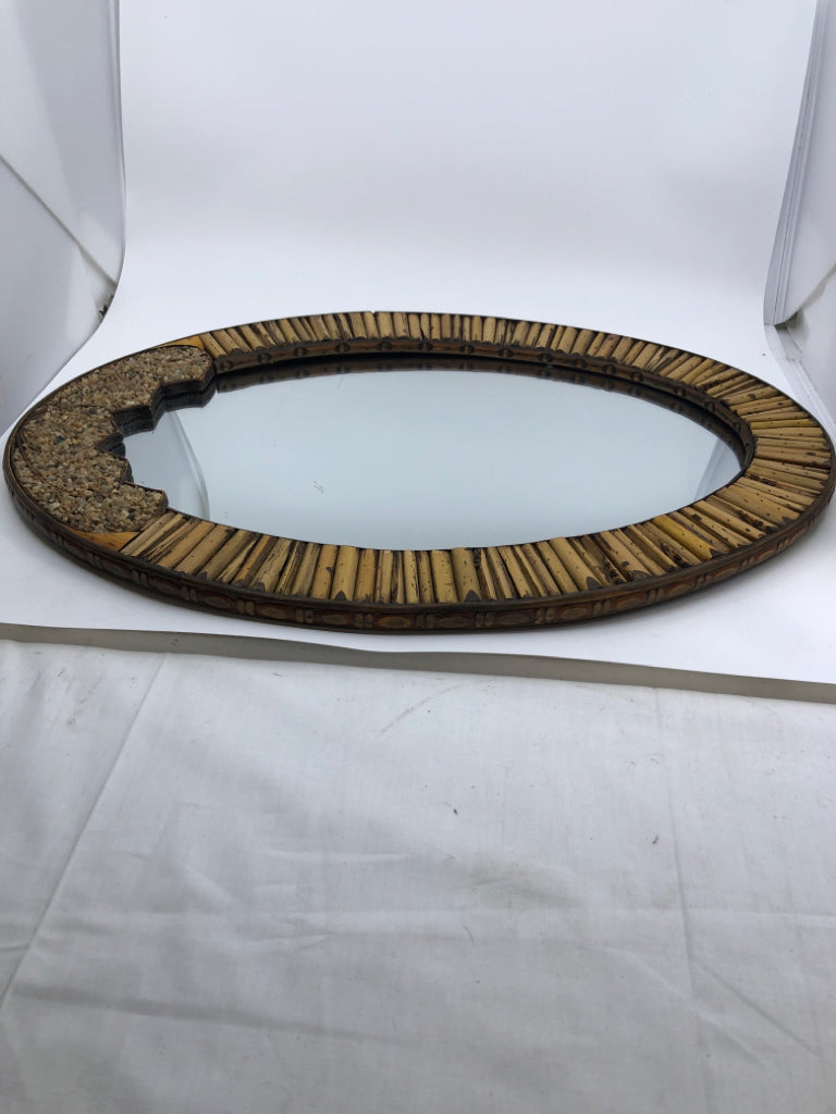 OVAL MIRROR BAMBOO TRIM/ PEBBLE DETAIL.