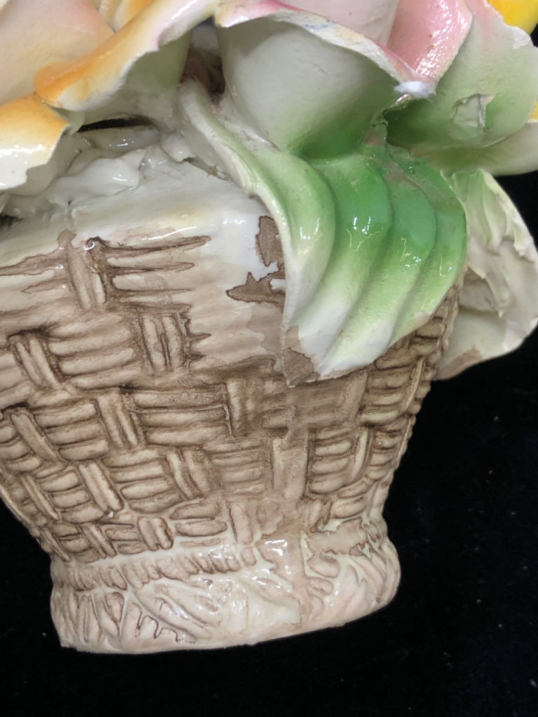 VTG CAPODIMONTE PORCELAIN YELLOW FLOWER BASKET.