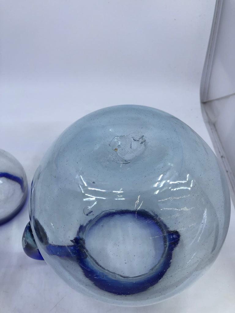 3PC BLUE BLOWN GLASS PITCHER + 2 GLASSES.