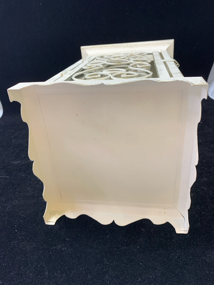 DISTRESSED WHITE LANTERN CANDLE HOLDER W/CURLED WIRE SIDES & CIRCLE HANDLE.