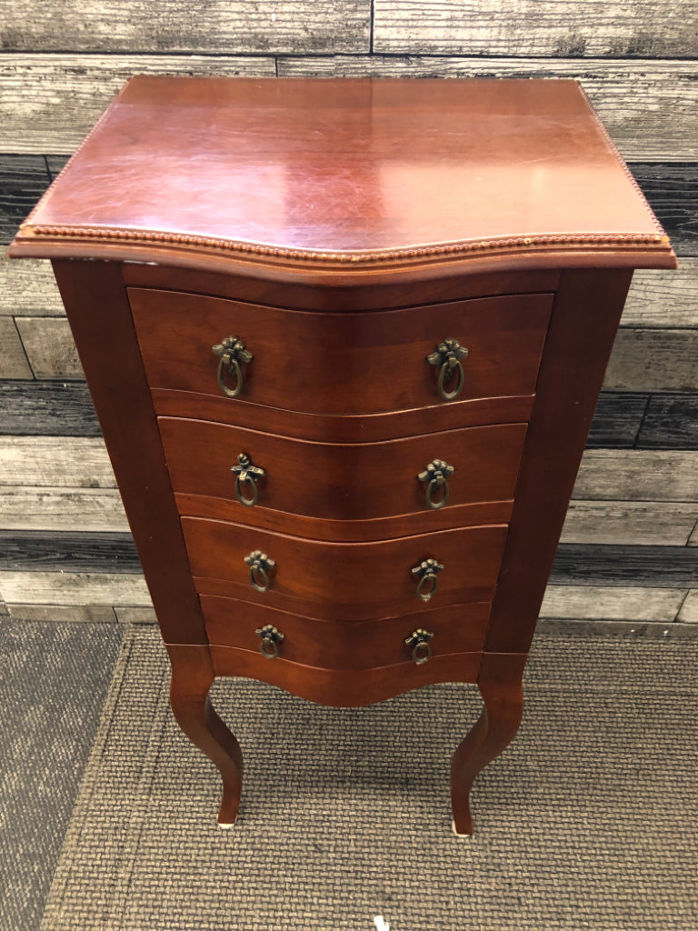 WOODEN STANDING JEWELRY BOX W/4 DRAWERS&GREEN VELVET.
