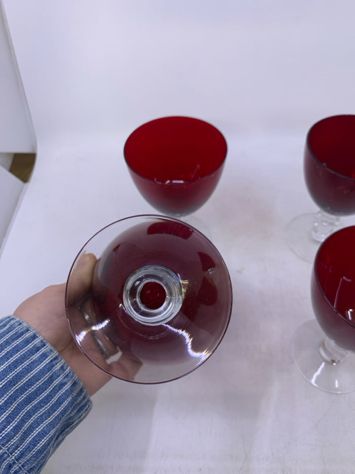 4 RED WATER/ WINE GOBLETS.