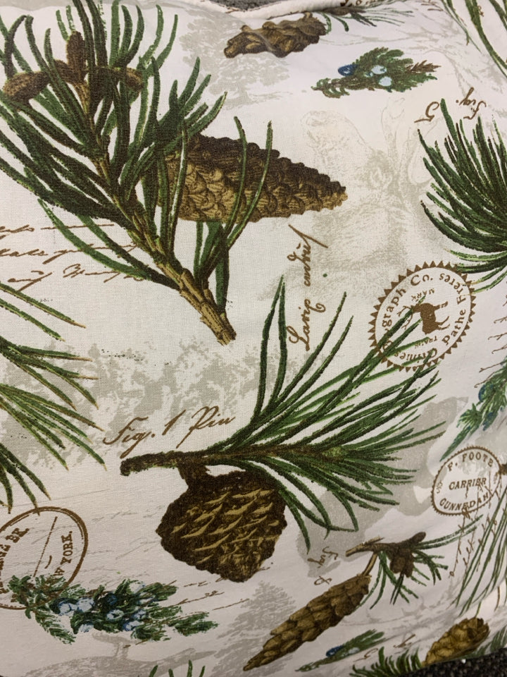 PINECONE AND STAMP THROW PILLOW.