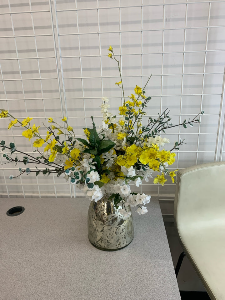 FAUX FLOWERS IN MERCURY VASE.
