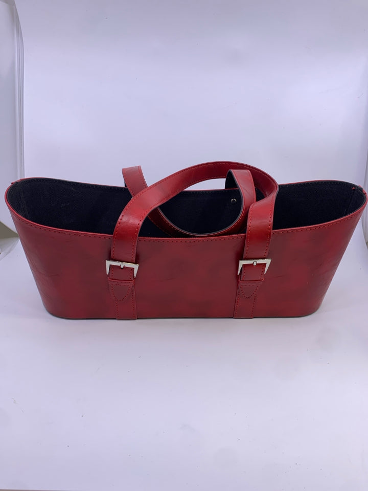 RED LEATHER FAUX PURSE BASKET W/BUCKLES.