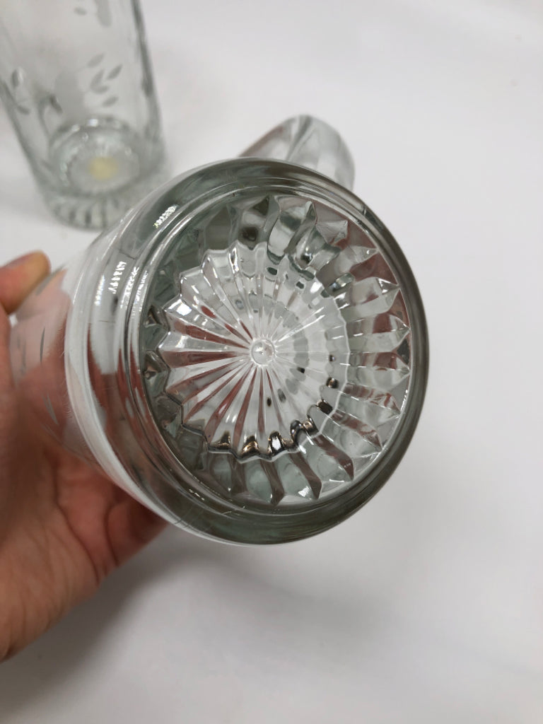 2 HERITAGE CRYSTAL STEIN W/ETCHED FLOWERS.