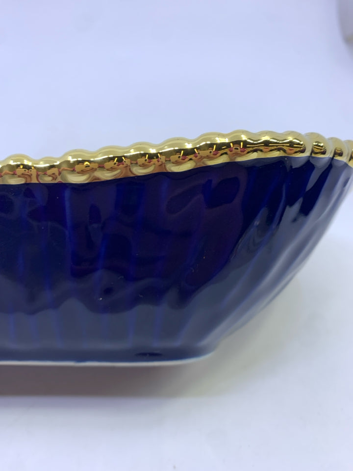 OBLONG CENTERPIECE DISH COBALT BLUE W/ THICK GOLD RIM.