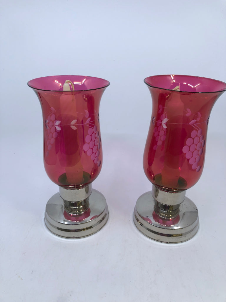2PC PINK GLASS W/EMBOSSED GRAPES TAPER HOLDERS.