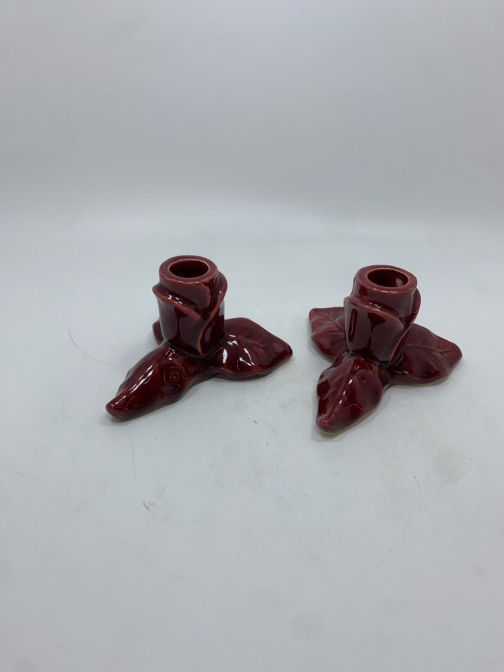 2 RED ROSE GLAZED CERAMIC CANDLE HOLDERS.