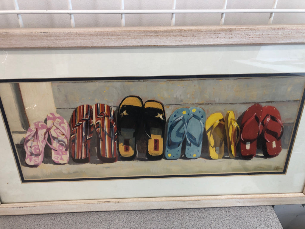 COLORFUL FLIP FLOP PRINT IN PINK DISTRESSED WOODEN FRAME.