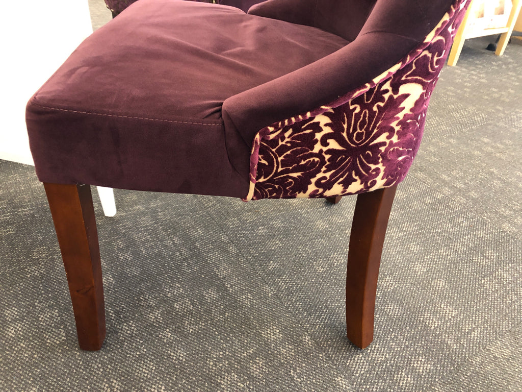 2 MAROON SUEDED CHAIRS W/PAISLEY DESIGN ON BACK & WOOD LEGS.