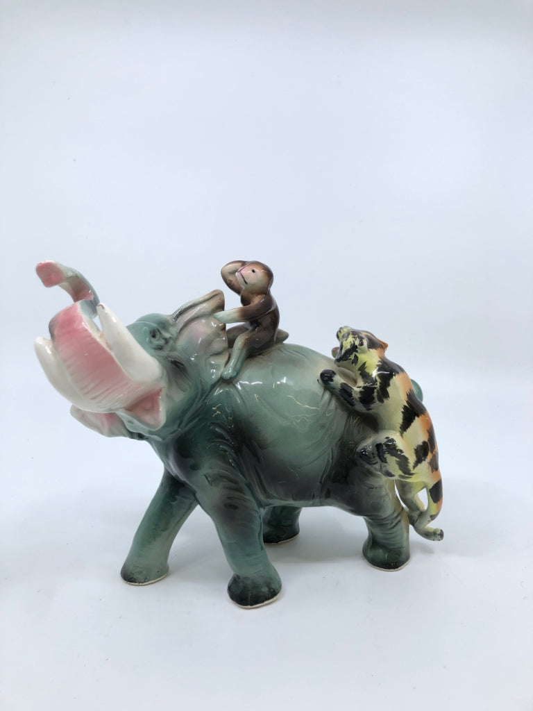 CERAMIC ELEPHANT FIGURINE W/TIGER AND MONKEY.