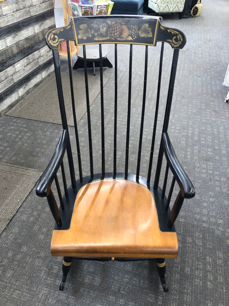 VTG BLACK WOODEN ROCKING CHAIR W/PAINTED FRUITS.