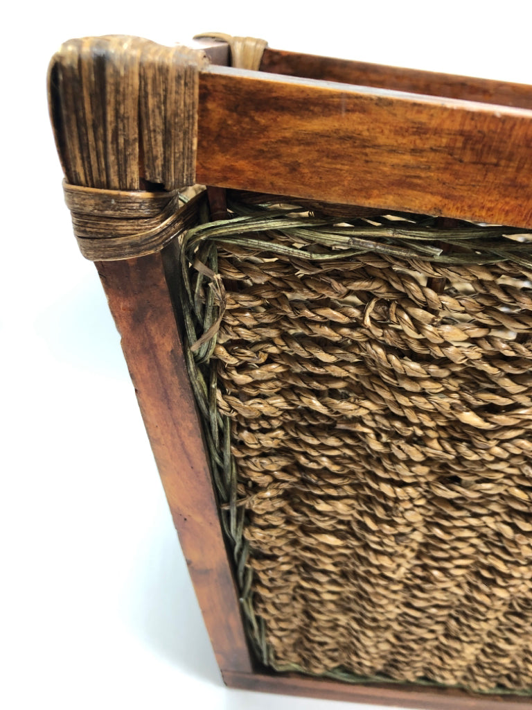 WOODEN FRAMED WOVEN BASKET.