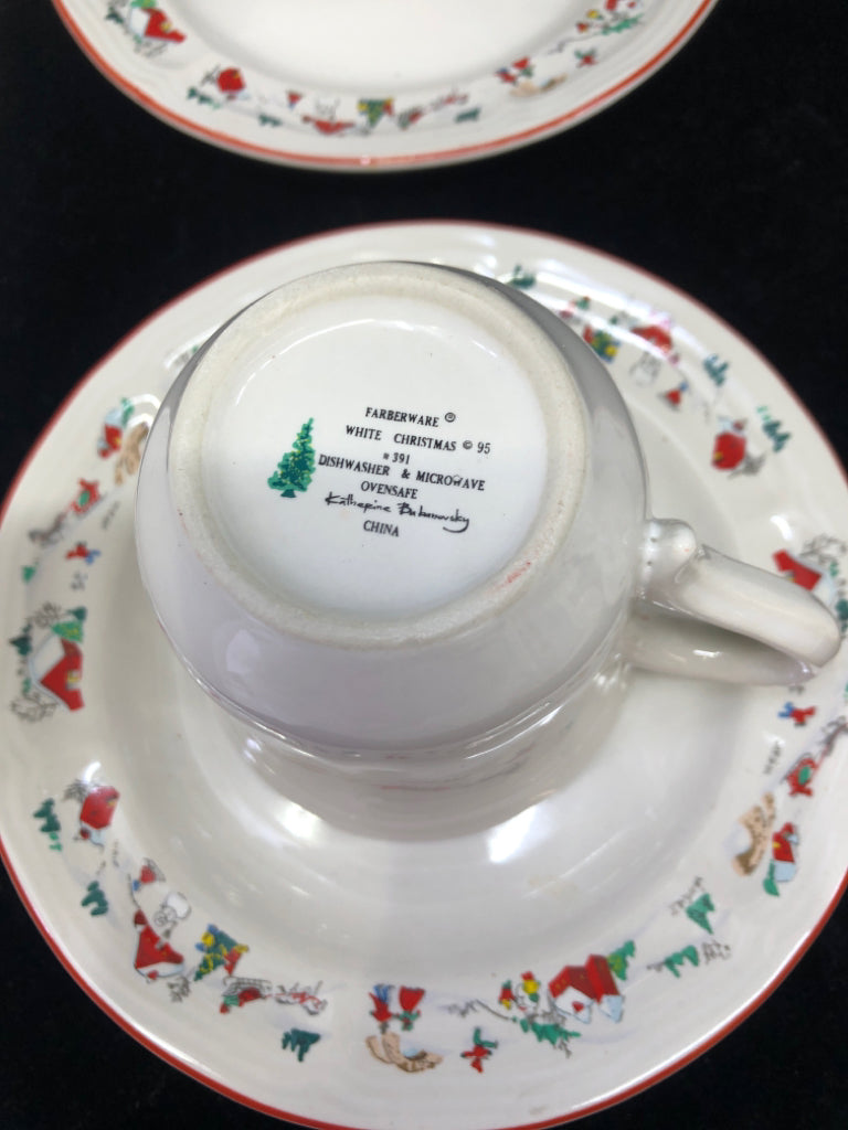 14PC WINTER VILLAGE SCENE- 7 TEACUP 7 SAUCER SET.