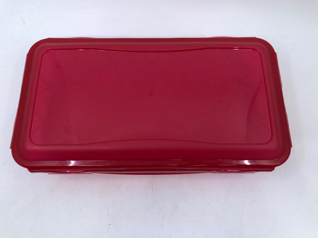 PLASTIC EGG STORAGE WITH RED LOCK LID.