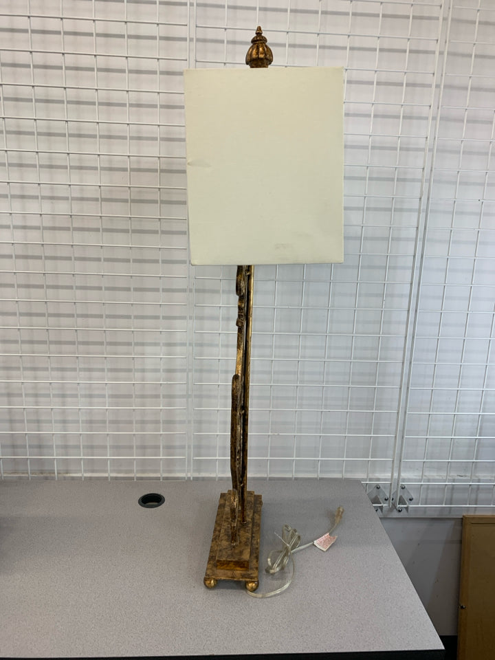 GOLD SCROLL METAL BASE LAMP W/SQUARE WHITE SHADE.