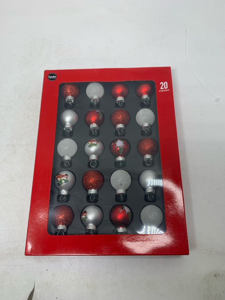 IN PACKAGE 20 MINI GLASS BULB ORNAMENTS.