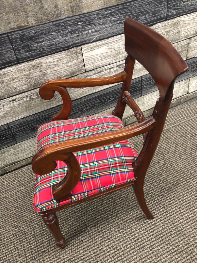 DRK WOOD DOLL CHAIR W/PLAID UPHOLSTERY.