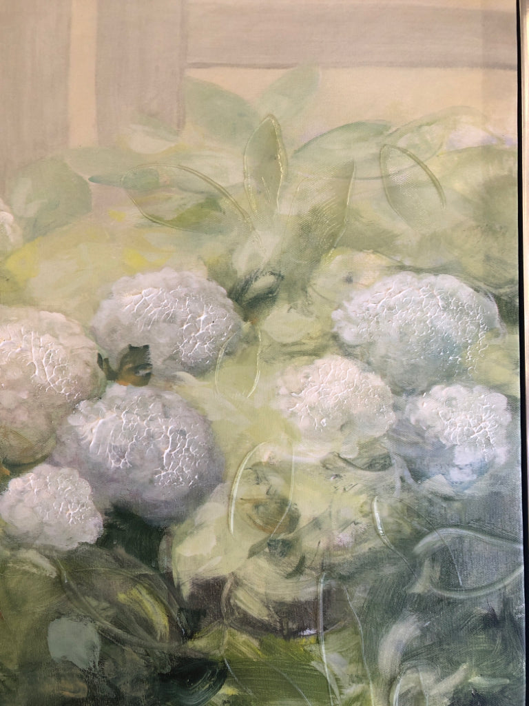 WHITE HYDRANGEAS CANVAS W/ SILVER FRAME.