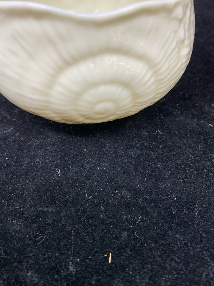 IVORY SHORT BOWL W/ EMBOSSED SWIRL SHELL DESIGN BELLEEK.