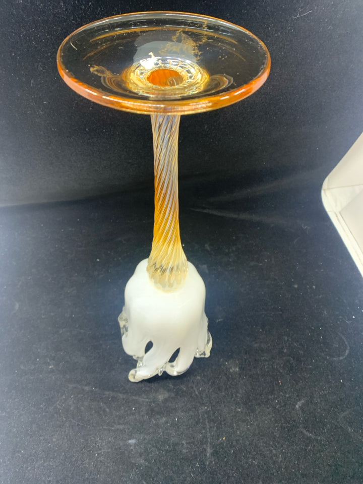 TALL WHITE BLOW GLASS TULIP SHAPE CANDLE HOLDER.