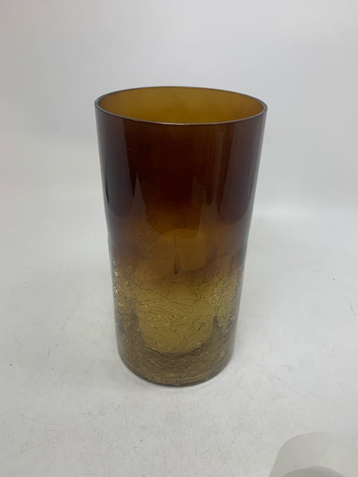 OMBRE CRACKLE GLASS CYLINDER CANDLE HOLDER W/ FAUX CANDLE.